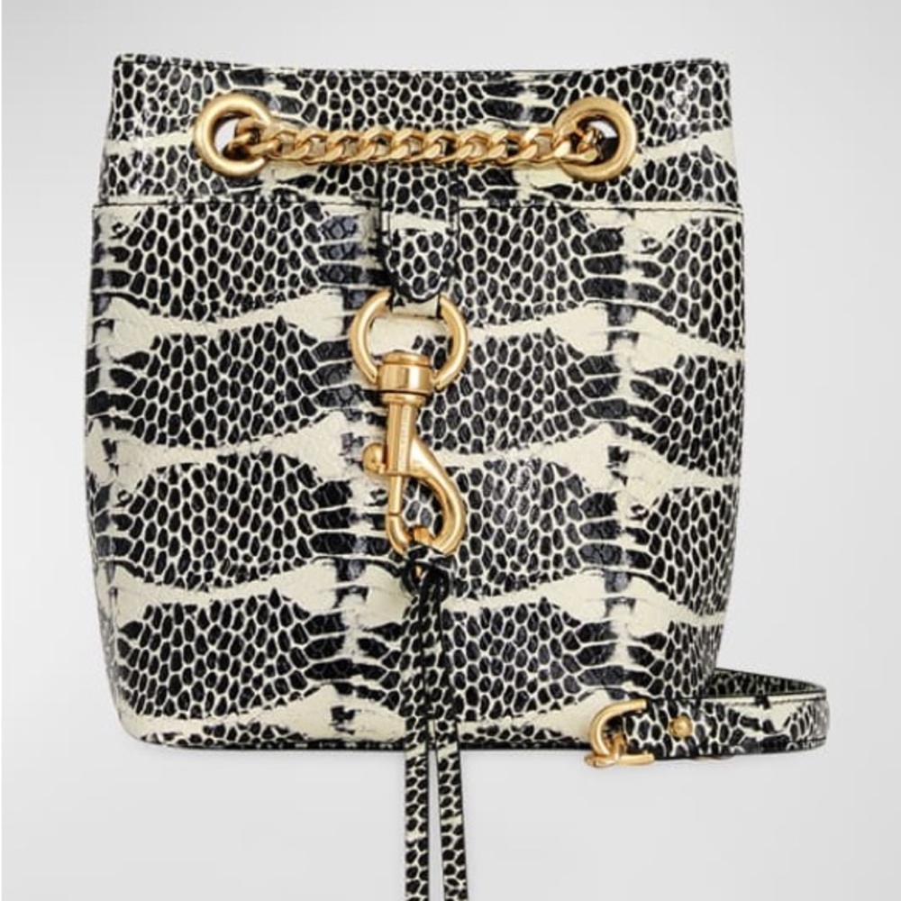 NWT Rebecca Minkoff Eddie Mini Bucket Black Snake Crossbody Bag with Gold Chain